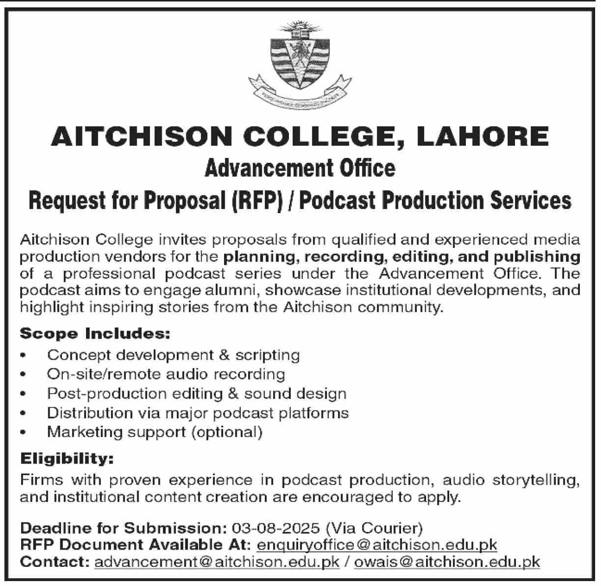 Aitchison College Lahore Tender Notice
